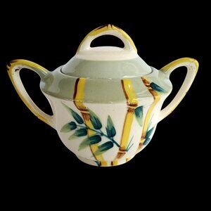 1940s California Pottery Weil Ware Sugar Bowl and Lid Malay Bambu Bamboo